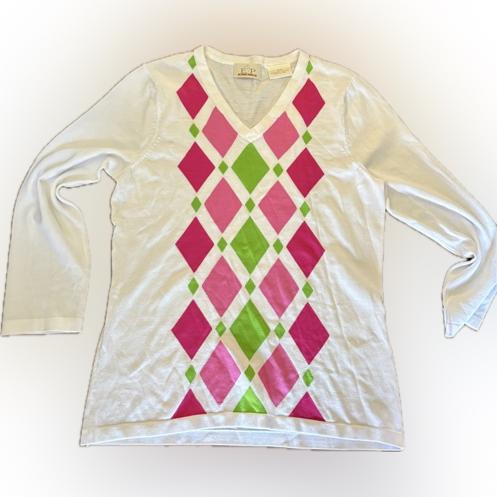 EP Pro Argyle Pink Green and White Sweater Women’s Size Medium